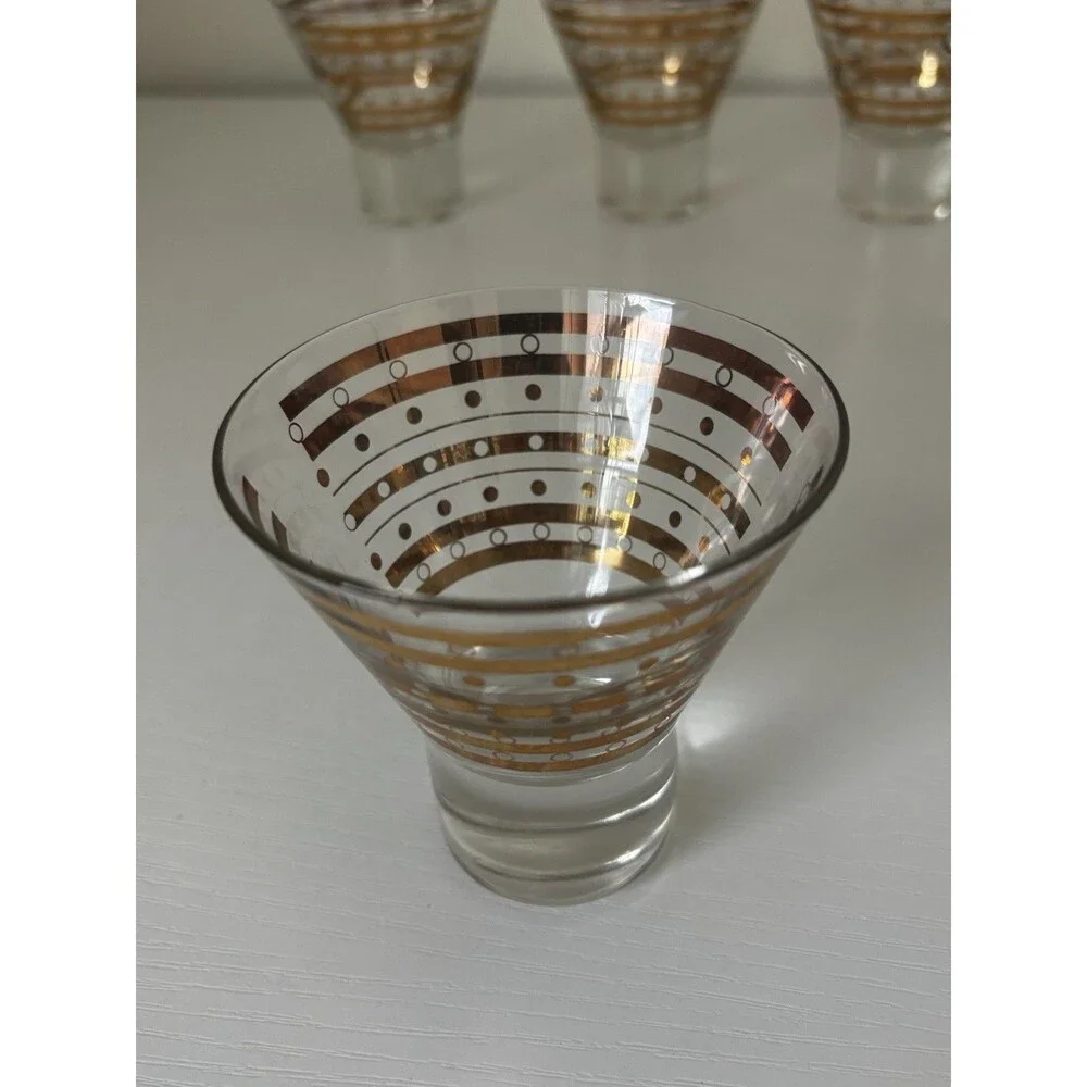 5 Vintage MCM Art Deco Dessert Cocktail Martini Glasses Flared Gold Rim 1960s